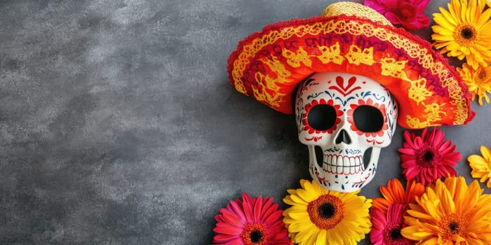 Dia de los muertos background with colorful skull and flowers on dark texture.