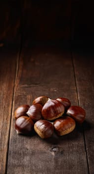 Bunch of Chestnuts on Wooden Planks with Copy Space, Dark Background, AI generated image