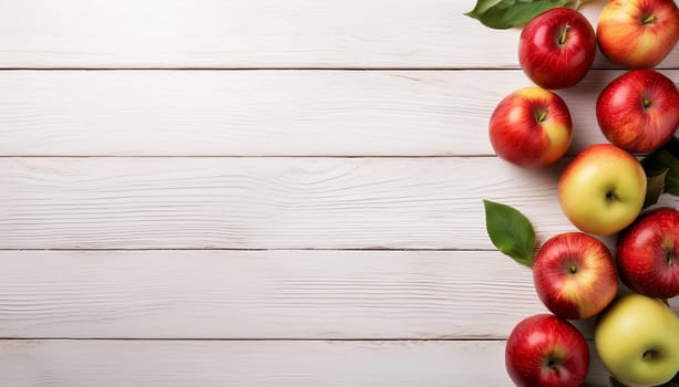 Heap of Apples on White Wooden Planks with Blank Empty Space, Copy Space, AI generated image