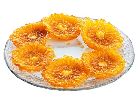 Jalebi Crispy orange hued jalebis drenched in syrup served on a glass plate isolated with. Food isolated on transparent background.
