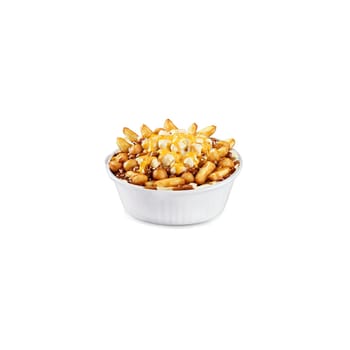Poutine with french fries gravy and cheese curds steaming and airborne Food and culinary concept. Food isolated on transparent background.