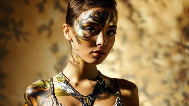 Model in camouflaged lingerie artistic body paint naturalistic tones hidden beauty theme with spyglass diverse.