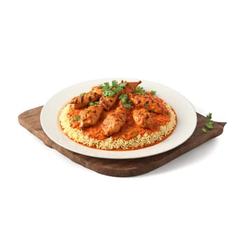 Chicken Tikka Masala with grilled chicken creamy tomato sauce and cilantro leaves in motion with. Food isolated on transparent background.