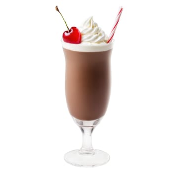 Chocolate milkshake in a tall glass topped with whipped cream and a maraschino cherry Culinary. Food isolated on transparent background