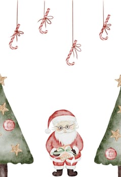 Cute christmas card. Hand drawn kawaii Santa with sweets, gift and a decorated Christmas tree. Clip art New Year illustration. Perfect for New Year's invitations. High quality illustration