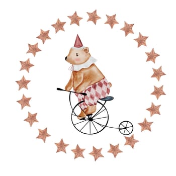 Circus bear watercolor. Cute animal on a bicycle in a round frame of golden stars vintage hand drawing. Baby clip art isolated on white retro background. Ideal for nursery posters, cards and entertainment invitations. High quality photo