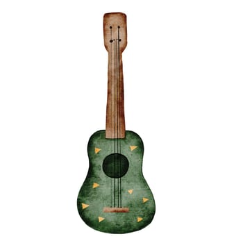 Guitar cartoon.Watercolor drawing of green guitar on isolated white background. Clip art of ukulele musical instrument. For educational children's cards, posters and stickers. High quality illustration. High quality illustration