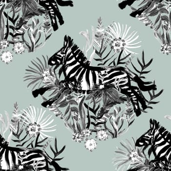 Seamless black and white pattern with running zebras and tropical flowers drawn in a painterly style for summer textiles and design