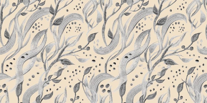 Seamless monochrome watercolor pattern with abstract wildflowers drawn in watercolor