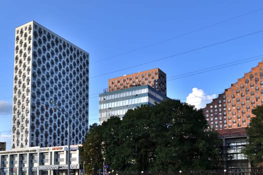 Moscow, Russia - Aug 3. 2024. Cityscape with the Vodnyy interior center, residential buildings