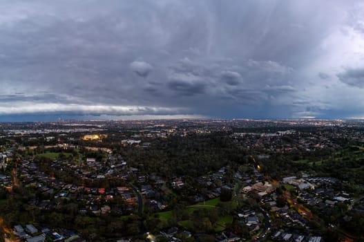 A winter's day storm and aerial view over the estate of Springthorpe in Macleod, Melbourne, Australia
