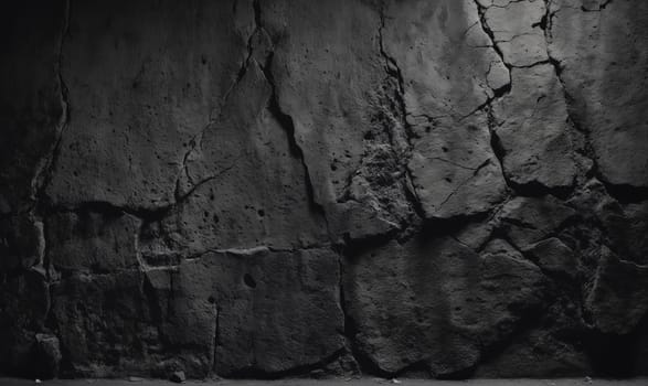 A close-up view of a dark, cracked, and rough stone wall. The wall has a rough texture and is covered in cracks and crevices