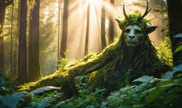 A creature covered in moss and vines rests on the forest floor, sunlight streams through the trees behind it.