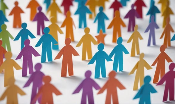 A collection of paper cutouts depicting people stand in a group on a white background. The figures are all different colors and are arranged in a seemingly random pattern.
