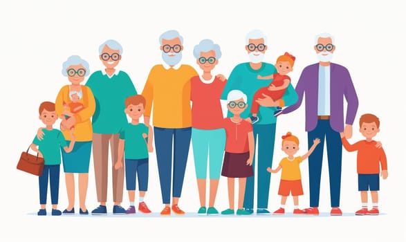 A family of 11 people, consisting of two grandparents, two parents, six children, and a baby, all stand in a row against a white background