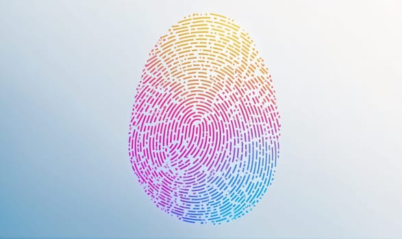 A stylized fingerprint with concentric circles of colored lines in red, orange, yellow, green, blue, and purple. The background is a light blue.