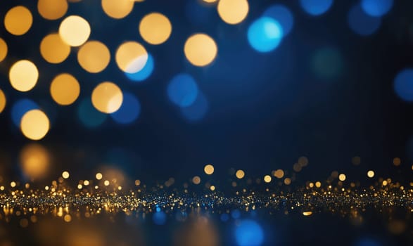 A photograph of blurred lights in gold and blue tones creating a bokeh effect against a dark background.
