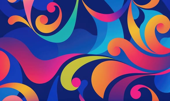 A digital art piece featuring abstract, swirling shapes in vibrant colors of pink, orange, yellow, teal, and blue against a dark blue background.