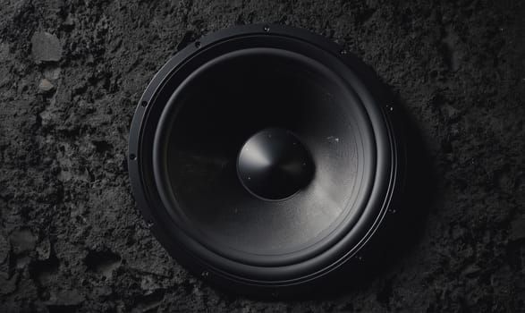 A large, round speaker is positioned against a textured, dark-colored wall. The speaker is black and has a large, round cone. The wall is rough and appears to be made of concrete or plaster