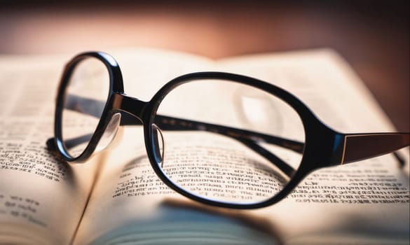 Black-rimmed glasses rest on a book, the text of the book is obscured through the lenses, showing a close-up view of the glasses and page.