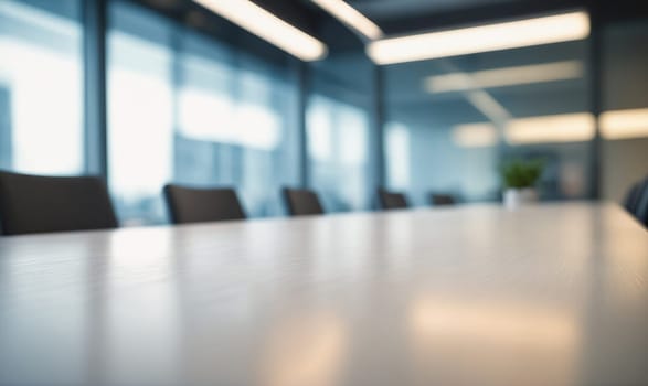 An empty, white conference table is seen from a low angle, with chairs out of focus in the background. Large windows with a city view can be seen out of focus.