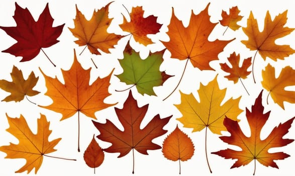A group of autumn leaves with various colors and shapes, including maple leaves, are displayed against a white background.