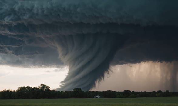 A powerful tornado descends from a dark, swirling cloud formation, touching down in a field. Trees and a few houses are visible in the distance, while the sky is filled with rain and ominous clouds.