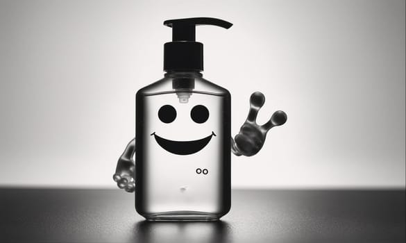 A black and white photo of a clear bottle of hand sanitizer with a black pump, a smiling face drawn on the front, and a hand with two fingers extended up in a wave.
