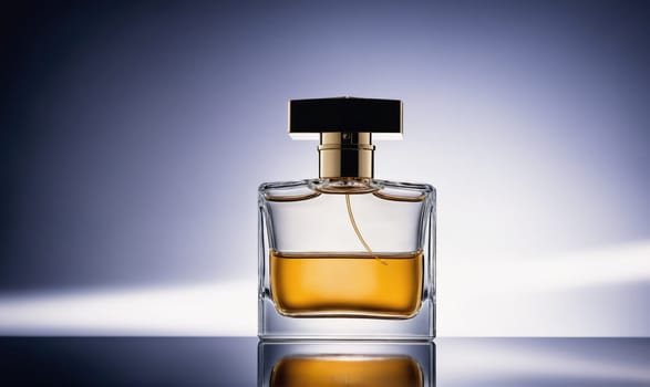 A square bottle of perfume is sitting on a shiny surface. The bottle is clear glass with a gold cap and contains a yellow liquid. The background is a light blue gradient.