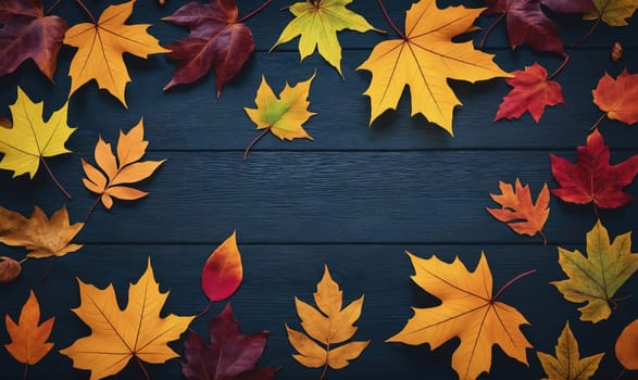 A flat lay of various fall foliage, including red, yellow, and orange leaves, arranged on a dark blue wood surface.