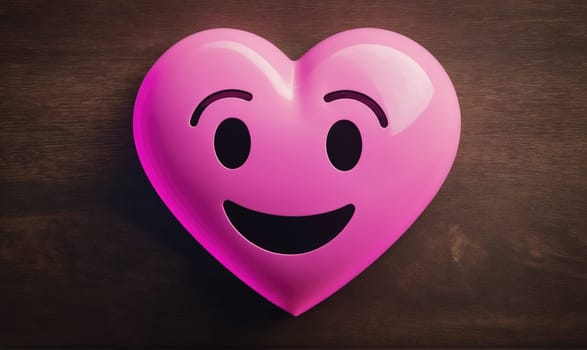 A pink heart shaped emoji with a smiling face is displayed on a dark brown wooden background.