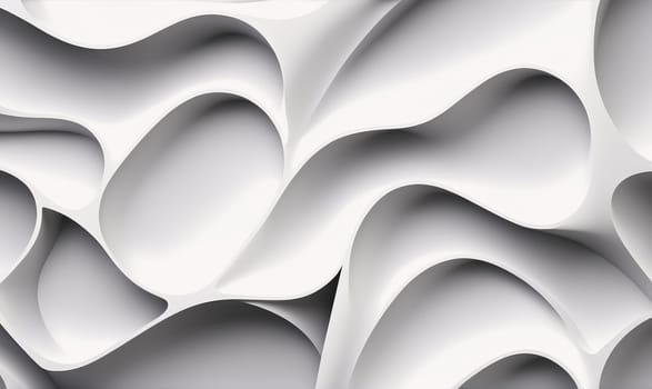 The image shows a close-up of a white, abstract sculpture with many curved, overlapping shapes. The white surface is smooth and appears to be made of paper or plastic.