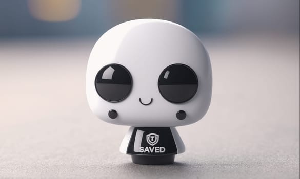 A small, white, cartoon-style figure with black eyes and a black shirt with a white shield logo that reads Saved is standing on a white surface. The character has a bright, friendly smile.
