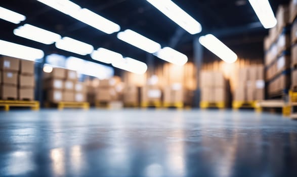The image shows the floor of a warehouse, which is clean and empty. In the background, there are rows of boxes stacked on shelves. The warehouse is well-lit with fluorescent lights.