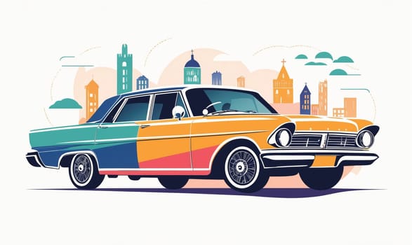 A vintage car, painted with a vibrant color scheme of blue, green, orange, pink and yellow, drives through a city setting