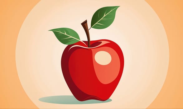 A red apple with two green leaves sits on a light orange background.
