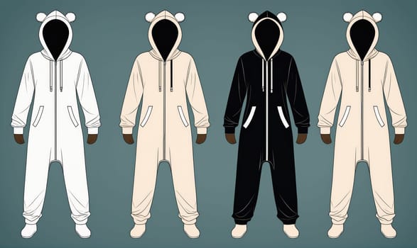 Four one-piece pajamas are illustrated against a gray background. The pajamas have hoods with bear ears and zipper closures. They come in white, cream, and black.