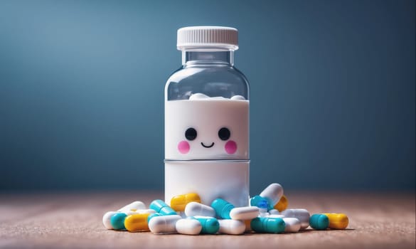 A clear pill bottle with a white lid and a cute smiley face drawn on it sits on a wooden surface