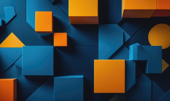The image shows an abstract design made up of various geometric shapes. The shapes are primarily blue and orange, and they are arranged in a seemingly random pattern.