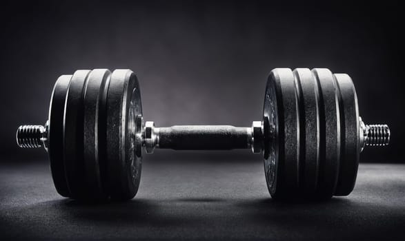A close-up image of a heavy dumbbell with multiple weight plates on each end. The dumbbell lies on a dark surface, with a dark background.