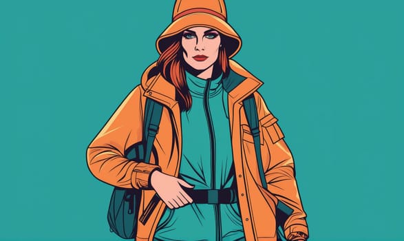 A woman is depicted wearing an orange jacket and hat. She is carrying a black backpack and has her hand on her hip. The background is a solid teal color.