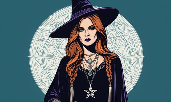 A woman in a long black cloak and a pointed hat with a wide brim stands in front of a large circular white mandala. She has long red hair with a braid on each side, and is wearing many necklaces
