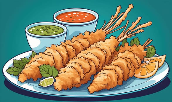 A plate of fried shrimp with a green and red dipping sauce.