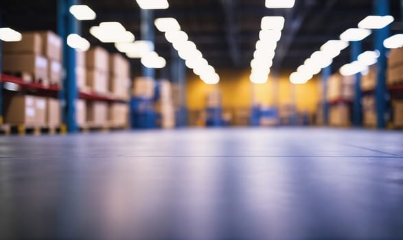 The image shows the floor of a warehouse with shelves stacked with boxes in the background