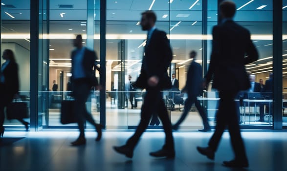 Several people in business attire walk through a glass office building. They are moving quickly, and their silhouettes are visible against the bright interior.