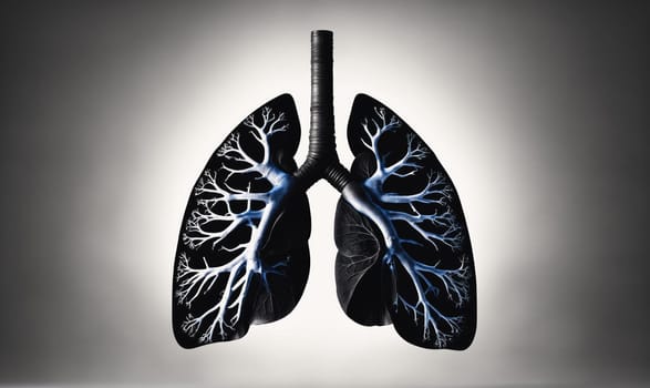 The image shows a detailed illustration of human lungs with a black background and white branching airways.