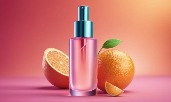 A pink glass bottle with a blue spray nozzle and pink liquid inside is positioned in the center of the image. Two whole oranges and a slice of orange are arranged around the bottle