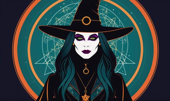 A digital illustration depicts a witch with long, dark green hair wearing a black pointed hat with a gold band. She stares directly at the viewer with purple eyeshadow and lipstick