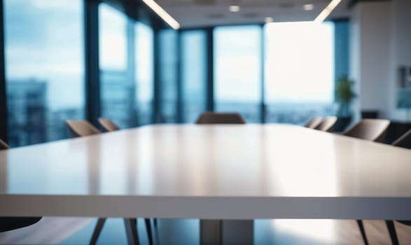 A white conference table sits in the middle of a modern office. The table is empty, and the chairs are out of focus. Large windows behind the table look out onto a city skyline.