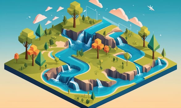 A digital, isometric illustration of a river winding through a forest. The river is depicted with a bright blue color and flows through a lush green forest